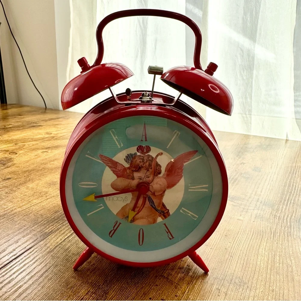 Vintage Macy’s Happy “Valentime” Red Peg Leg Alarm Clock with Twin Bells, Cupid